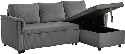 Ball & Cast Reversible Sectional Sofa Couch,L-Shape Sleeper Sofa Bed with Storage Chaise Pull Out Couch for Living Room | Hidden Storage | Pull Out Bed | Removable Backrest | Corduroy Fabric,Gray