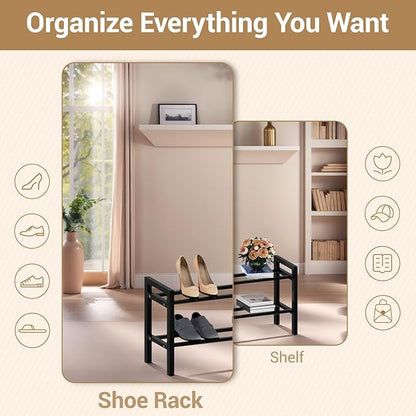 Haddockway Bamboo Shoe Rack for Closet, Free Standing Shoe Organizer with Smooth Round Rods & Convenient Handles, Stackable Shoe Storage Shelf for Entryway, Hallway(Black, 2-Tier(Small))