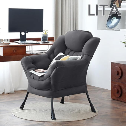 LITA Lazy Chair with Ottoman, Modern Accent Leisure Upholstered Sofa, Contemporary Lounge Reading Chair with Armrests and a Side Pocket for Living Room, Bedroom & Small Space, Single Dark Grey