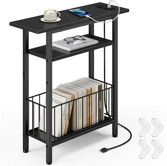 Vagusicc Narrow Side Table with Charging Station, 3-Tier Skinny Side End Table for Couch, Small End Tables for Small Spaces, 25.2" Tall Slim Nightstand Bedside Table for Living Room, Bedroom, Black