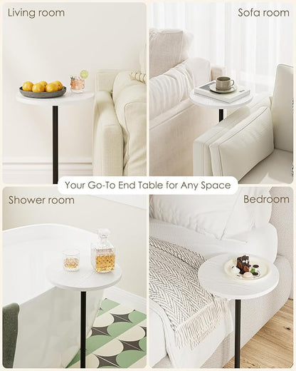 Masupu Drink Table, Round Side Table for Small Spaces, Pedestal Side Table, Small End Table with Metal Base, for Living Room, Bedroom, Bathroom, White