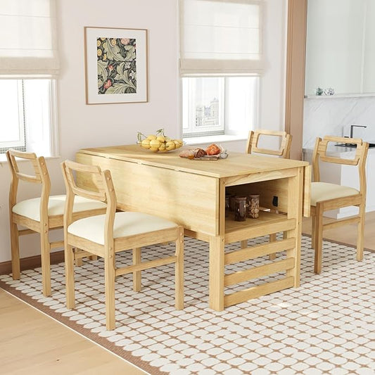 Drop Leaf Dining Table with Chairs Set of 4, 5-Piece Farmhouse Rectangular Dining Room Table with 4 Upholstered Solid Wood Chairs, Extendable Kitchen Tables for Small Place, Natural Rubber Wood