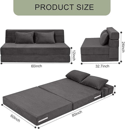 MeMoreCool Boneless Folding Sofa Bed Queen, Corduroy Convertible Sleeper Chair, Foldable Foam Mattress Chair, Comfy Fold‑Out Futon Couch Bed, Large Floor Sofa Couch for Living‑Room Guest