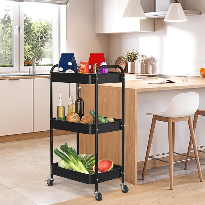 3-Tier Rolling Metal Storage Cart with Wheels, Multi-Functional Organizer for Office, Kitchen, Bathroom, Books Diapers - Easy Assembly (Black)