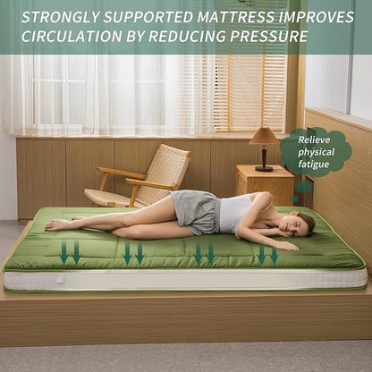 MAXYOYO Futon Mattress, Padded Japanese Floor Mattress Quilted Bed Mattress Topper, Extra Thick Folding Sleeping Pad Breathable Floor Lounger Guest Bed for Camping Couch, Green, Queen
