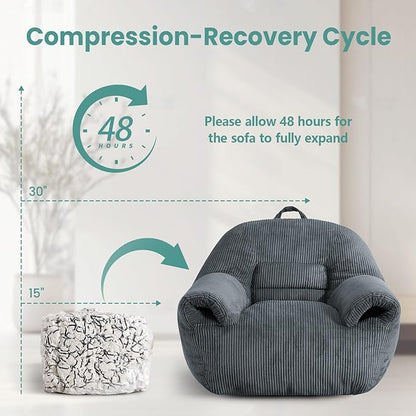 DAICO Bean Bag Chairs for Adults, Giant Bean Bag Chair Comfy Bean Bag Sofa with Handle Corduroy Single Lazy Floor Sofas Accent Chair with Foam for Bedroom Living Room Reading Gaming Grey