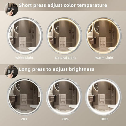 Hasipu 24 Round LED Mirror for Bathroom with Lights, Silver Circular Vanity Mirror for Wall, Metal Framed Frontlit Bathroom Mirrors Anti-Fog, Dimmable, 3 Colors Makeup Mirror Wall Mounted