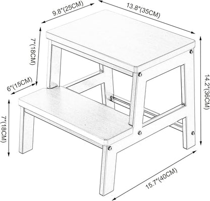 2 Step Wooden Step Stools for Adults Non-Slip, Sturdy Bed Steps for High Beds Easy Assembly, Portable Two Step Stool for Kitchen Bathroom Bedroom - Holds Up to 500 Lb