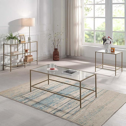 CAWS Gold End Table, Tempered Glass Rectangle Side Table with Stain Gold Metal Frame, Accent Table, Night Stand, Modern Minimalist Table for Living Room, Dining Room, Bedroom, Office or Outdoor