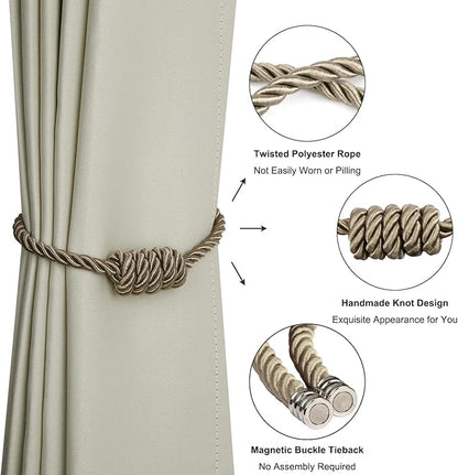 BEL AVENIR Magnetic Curtain Tiebacks, Decorative Drapery Holdbacks Modern Woven Tie-Backs with Exquisite Knot (Flaxen, 2 Pack)
