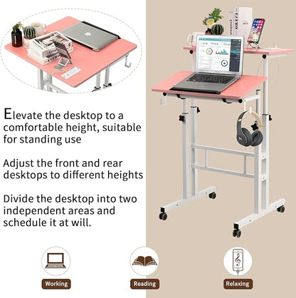 Hadulcet Mobile Standing Desk with Charging Station, Adjustable Standing Computer Desk, Standing Adjustable Laptop Cart with Wheels for Home Office Classroom, Pink