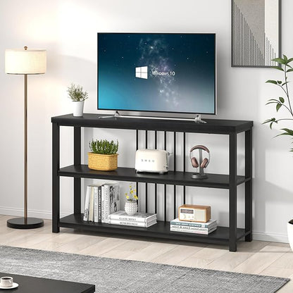 FOLUBAN Entryway Table, Modern Sofa Console Table with 3 Tier Storage Shelf for Living Room Hallway Foyer, Industrial Black Oak