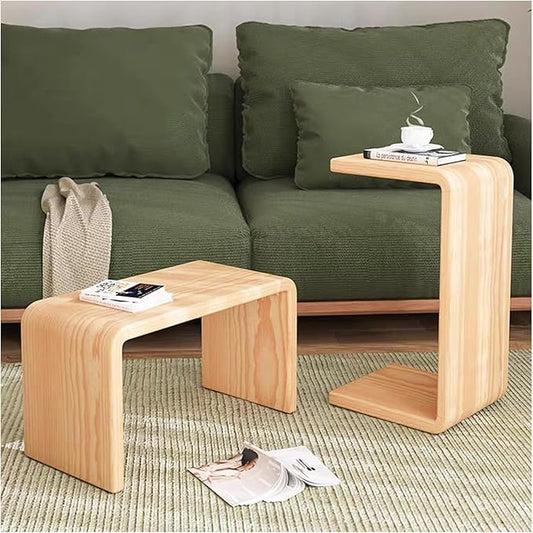 C Shaped End Table, Solid Wood C Side Table for Couch Sofa and Bed, Sofa Tables That Slide Under for Space Saving, Small Snack C Tables for Living Room Bedroom (H 24.4″ - Wood, 2)