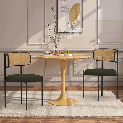 Mid Century Modern Dining Chairs Set of 2 with Rattan Backrest,Velvet Upholstered Accent Kitchen & Dining Room Chairs with Sturdy Metal Frame,Green
