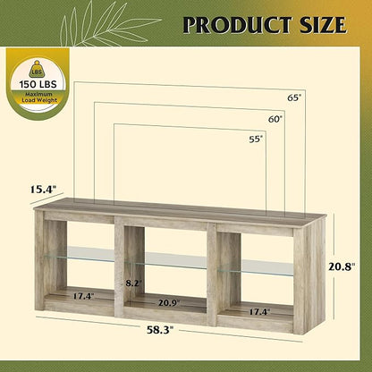WLIVE LED TV Stand for 65 Inch TV, Modern Entertainment Center with Adjustable Glass Shelves & Customizable LED Lights, Sturdy Media Console for Living Room, Bedroom,Gaming (Gray Oak)