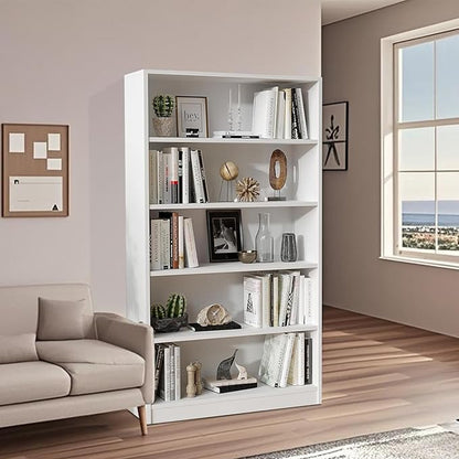 Wooden Bookshelf with Adjustable Shelves, 5 Tier Tall Bookcase for Living Room, Office or Small Spaces,Heavy Dute Bookshelves Storage Organizer, Manga Bookshelf for Collectors,60 Inch,White