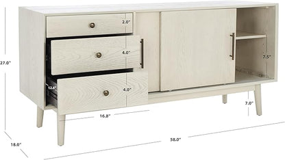 SAFAVIEH Couture Collection Tomas Mid-Century White Washed 3-Drawer Sliding Door Entertainment Media Stand (Fits up to a 65" Flatscreen TV)