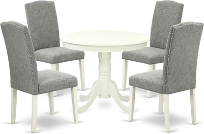 East West Furniture ANEN5-LWH-06 5 Piece Dining Room Furniture Set Includes a Round Kitchen Table with Pedestal and 4 Dark Shitake Linen Fabric Parsons Dining Chairs, 36x36 Inch, Linen White