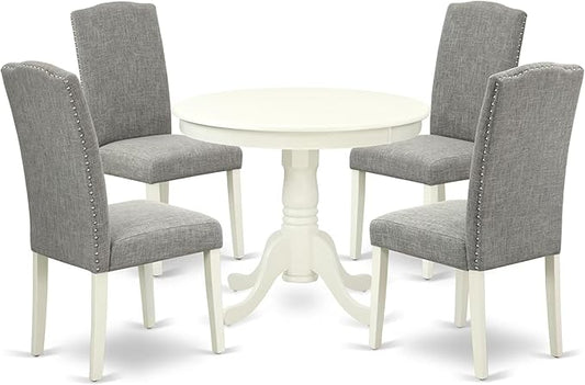 East West Furniture ANEN5-LWH-06 5 Piece Dining Room Furniture Set Includes a Round Kitchen Table with Pedestal and 4 Dark Shitake Linen Fabric Parsons Dining Chairs, 36x36 Inch, Linen White