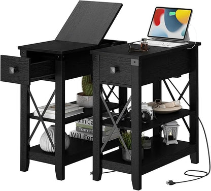 Narrow End Table with Charging Station - Farmhouse Slim Side Table Set of 2, w/USB Ports Power Outlets, Nightstand w/Flip Top Storage Drawer, for Small Spaces Living Room Bedroom, Black