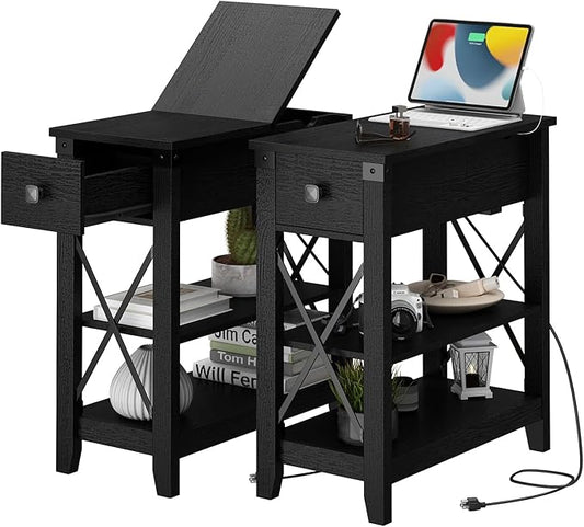 Narrow End Table with Charging Station - Farmhouse Slim Side Table Set of 2, w/USB Ports Power Outlets, Nightstand w/Flip Top Storage Drawer, for Small Spaces Living Room Bedroom, Black