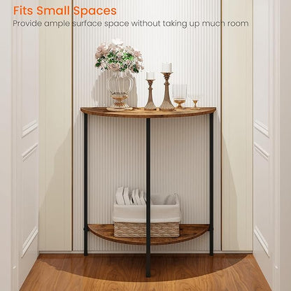 Homode Half Moon Table, Small Entryway Table, Half Round Entry Table, Narrow Half Circle Console Tables for Small Spaces, Hallway, Wood Front Entrance Tables, Rustic Brown and Black