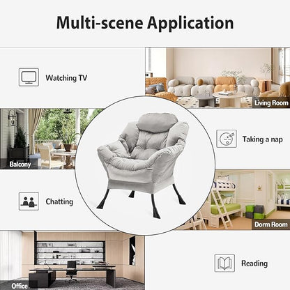 Lazy Chair Thick Padded, Comfy Velvet Accent Lounge Chair with Stable Frame, Leisure Sofa Armchair with Armrests and Side Pocket, Reading Chair for Bedroom, Living Room, Office, Light Gray