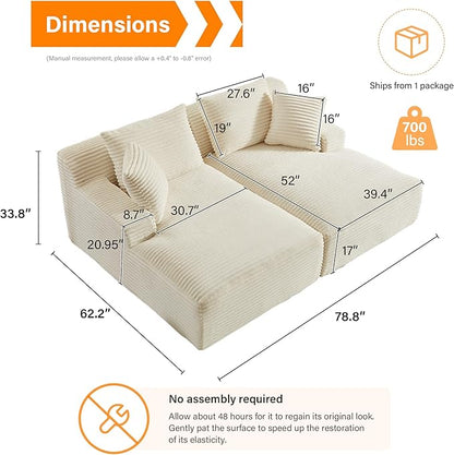 ERYE 79" Oversized Double Chaise Lounge Indoor Sleeper Recliner Sofabed with 4 Pillows, Fluffy Corduroy Loveseat Sleeper Chaise Daybed 2 Pieces Boneless Chair Sofa Bed for Living Room Bedroom Reading