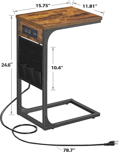 TUTOTAK C Shaped End Table with Charging Station, Side Table for Sofa, Couch with Storage Bag, Set of 2, TV Tray with 2 USB Ports and Outlets for Living Room, Bedroom, Brown TB01BB0242