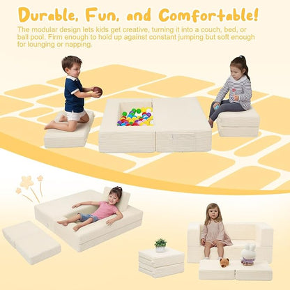 MeMoreCool Modular Kids Couch, Corduroy Play Toddler Couch for Bedroom Playroom Furniture, Convertible Foam Kids Sofa Bed, Fold Out Baby Sofa for Girl Boy, Beige