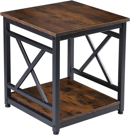 Industrial End Table Side Table with 2-Tier Storage Shelf, 18'' Square Nightstand Bedside Table X-Design Metal Frame for Living Room Bedroom, Rustic Brown