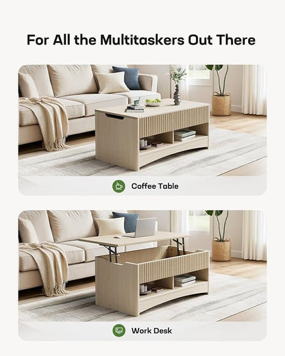 Marsail Lift Top Coffee Table with Open & Hidden Storage, Modern Fluted Coffee Table with Smooth Lift Mechanism, Sturdy Space-Saving Center Table for Home Living Room, Office, Natural Oak