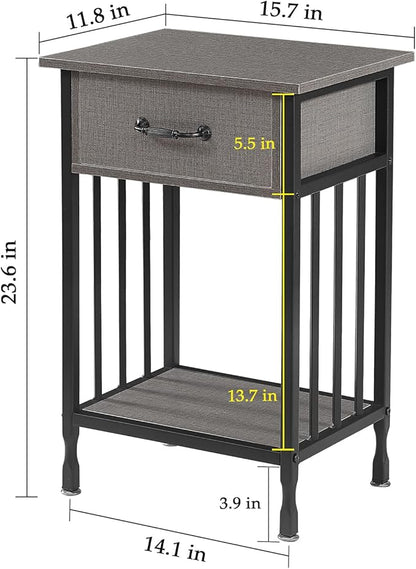 VECELO Nightstands Set of 2, Industrial Side Table/End Tables with Drawer and Storage Shelf, Night Stands for Bedroom, Living Room, Wood Metal Furniture, Easy Assembly