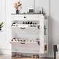 IRONCK Shoe Storage Cabinet with 2 Flip Drawers & Barn Door Design, Freestanding Shoe Cabinet Organizer with Drawer and Shelves for Entryway, Farmhouse Shoe Rack Cabinet, White/Black