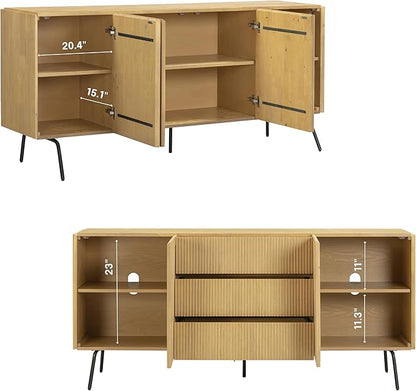 NTC Veil Modern Sideboard with 4 Doors, Buffet Cabinet with Vertical Groove Design and Metal Legs, Storage Cabinet for Living Room, and Hallway, Effortless Assembly, Sand