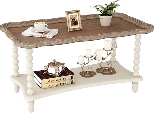 Function Home Farmhouse Coffee Table, Rustic White French Country Center Table with Storage Shelf, Wood Coffee Tables for Living Room Dining Room, Natural Tray Top and Vintage White Spindle Legs