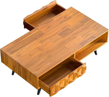 Bme Georgina Solid Wood Coffee Tables for Living Room, Coffee Table Mid Century Modern with 2 Symmetrical Storage Drawers & Geometric Details, Fully Assembled Center Table, Teak Brown