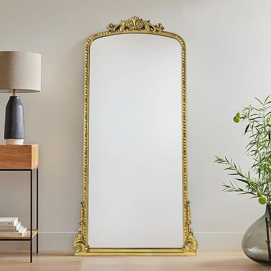 Traditional Ornate Floor Mirror Gold Arched Framed Full Length Wall Mirror Baroque Inspired Full Body Mirror, Antiqued Gold 30 x 60''