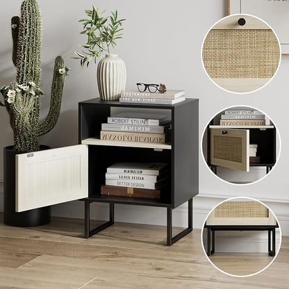 Masupu Boho Night Stand, Small Rattan Side Table, Wood Nightstand with Drawer and White Oak Shelf, Bedside Table, End Table for Bedroom,Living Room,Office (Black Frame)