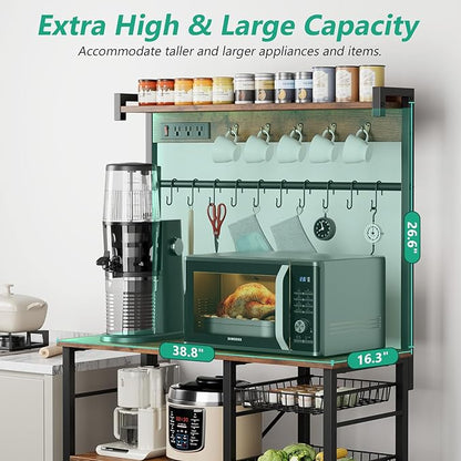 Large Bakers Rack with Power Outlets 38.8 Inches, 15 Hooks Coffee Bar with 3 Wire Basket, Microwave Stand Kitchen Storage Shelf for Spices, Cups, Pots, 38.8 x 16.3 x 62.2 in, Rustic Brown