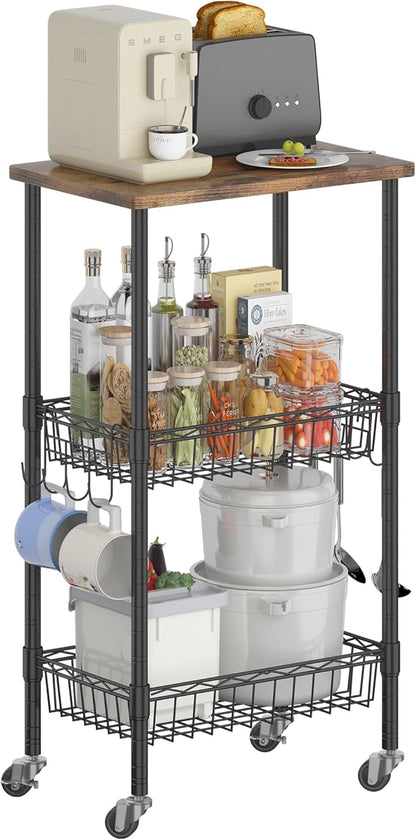 Rolling Kitchen Storage Cart, 3-Tier Storage Rack on Caster Wheels with Adjustable 2 Baskets, Coffee Station Cart Rack Shelf Organizer for Living Room Office, Balcony, Rustic Brown/Black