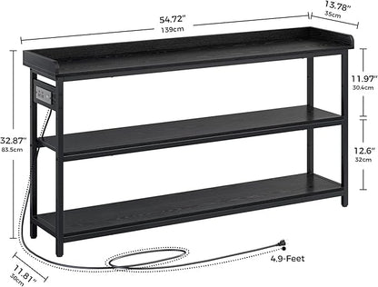 IRONCK Console Table, Sofa Table with Power Outlet, Farmhouse Hallway Table for Entryway, Living Room, Height Adjustable, Easy Assembly, Vintage Black,55"