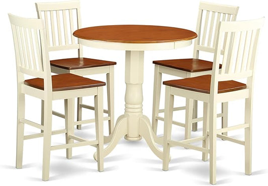 East West Furniture EDVN5-WHI-W 5 Piece Kitchen Counter Height Dining Table Set Includes a Round Wooden Table with Pedestal and 4 Dining Chairs, 30x30 Inch, Buttermilk & Cherry