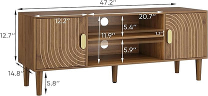 Smuxee Walnut TV Stand with Line Groove Design, 47.2" Mid Century Modern TV Media Console for TVs up to 55", TV Cabinet with Adjustable Shelf & 2 Cabinets for Living Room