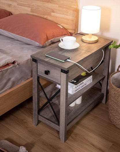 Narrow End Table with Charging Station Farmhouse Slim Side Table with USB Ports and Power Outlets, Nightstand with Flip Top and Storage Drawer, for Small Spaces Living Room Bedroom, Gray