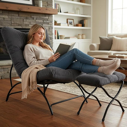 Welnow Accent Chair with Ottoman, Lounge Comfy Soft Leisure Metal Frame Reading Chair with Footrest, Upholstered Thick Cushion Seated Recliner Sofa for Living Room, Bedroom, Dorm, Dark