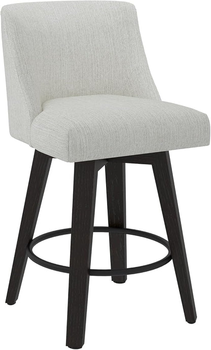 Counter Height Swivel Bar Stools Set of 3, 26 Inch Bar Stools with Footrest, Linen Fabric Upholstered Barstools with Back and Solid Wood Legs for Kitchen Island, Dining Room,Pub,White