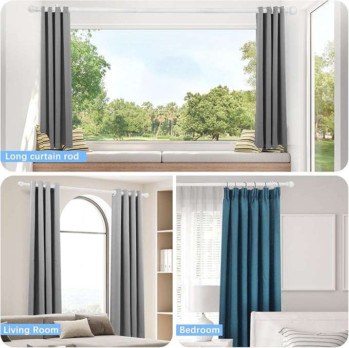 Curtain Rods for Windows 16 to 120 Inches, Curtain Rod Max Adjustable Length of 132 IN, 1" Diameter Drapery Rods Round Finials, White, Pack of 1
