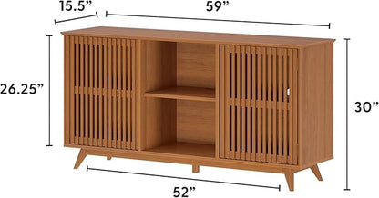 Plank+Beam Mid-Century Modern Wood TV Stand, Solid Wood Entertainment Console with Storage, 59" L x 16" W x 30" H, Pecan