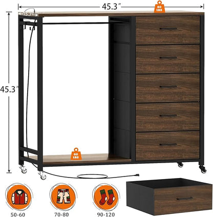 Cyclysio Dresser for Bedroom with Clothes Rack, 5 Fabric Drawers Dresser with Charging Station & LED Lights, Storage Chest of Drawers, Wooden Top, Bedroom, Closet, Red Oak